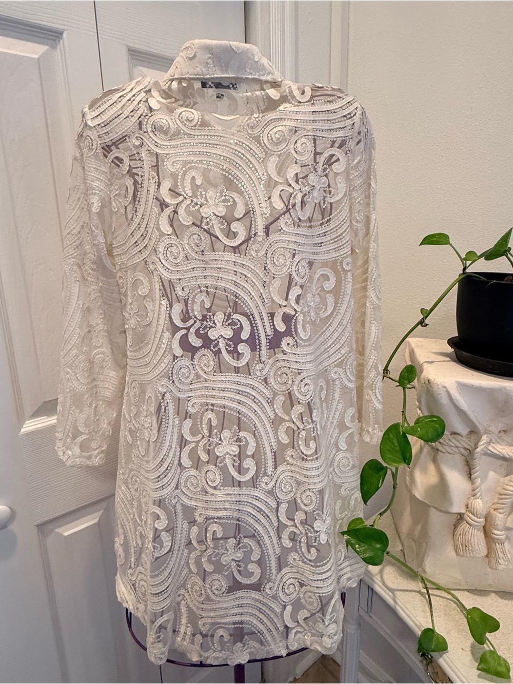 Sheer White Embroidered Button-Up Blouse - Elegant Women's Top - Picture 4 of 8